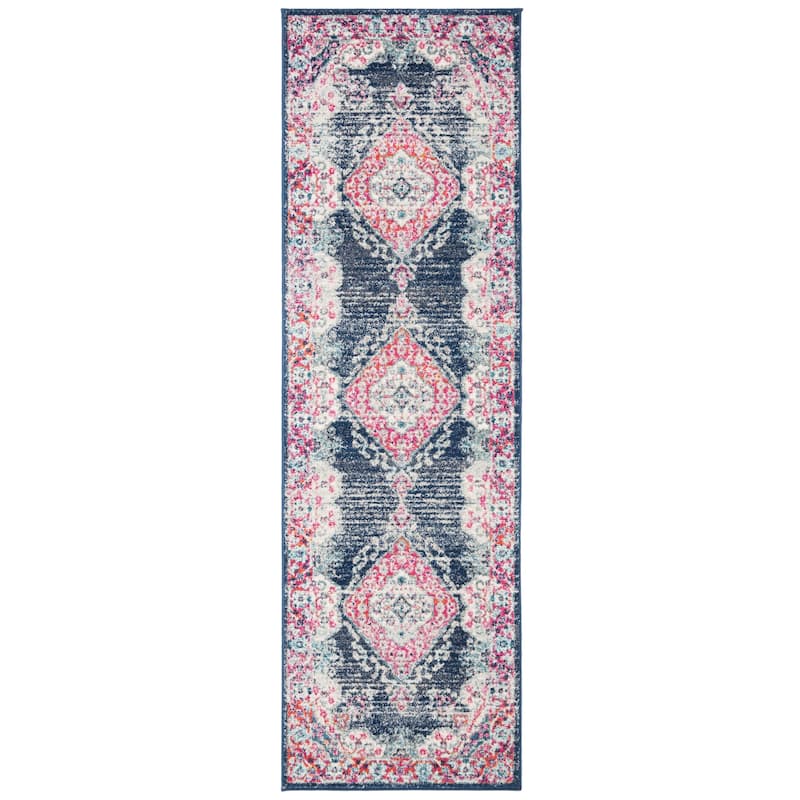 SAFAVIEH, Evoke Seniha Vintage Boho Medallion Rug - 2'2" x 7' Runner - Navy/Fuchsia