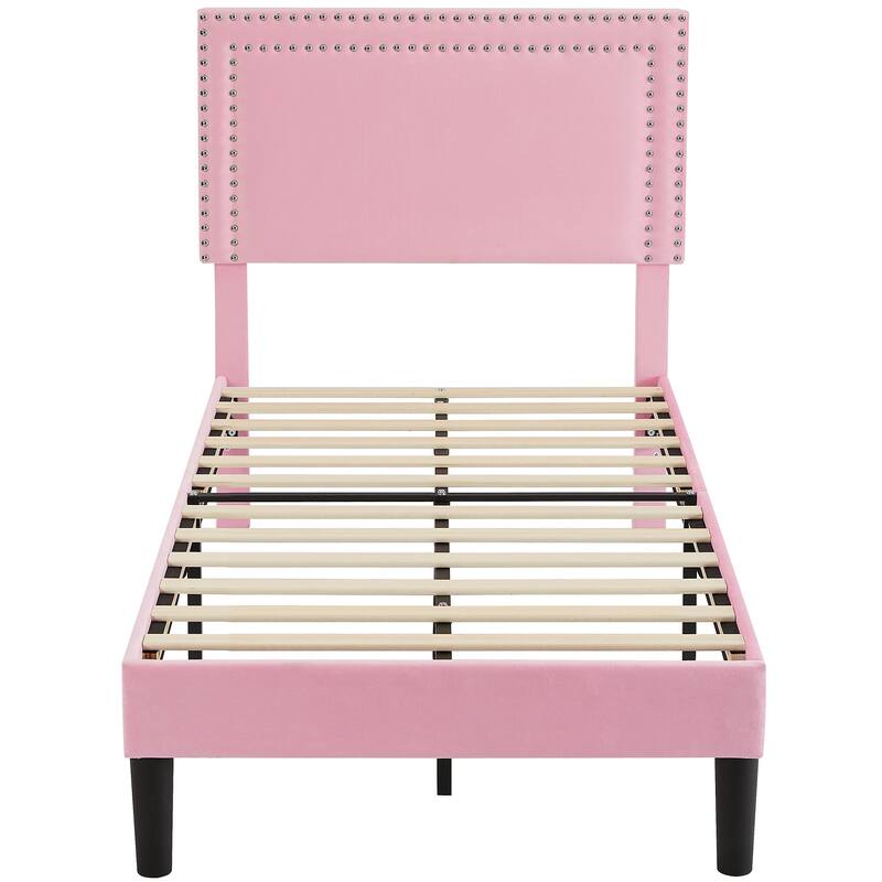 2 Pcs Upholstered Twin Size Platform Bed with Adjustable Headboard