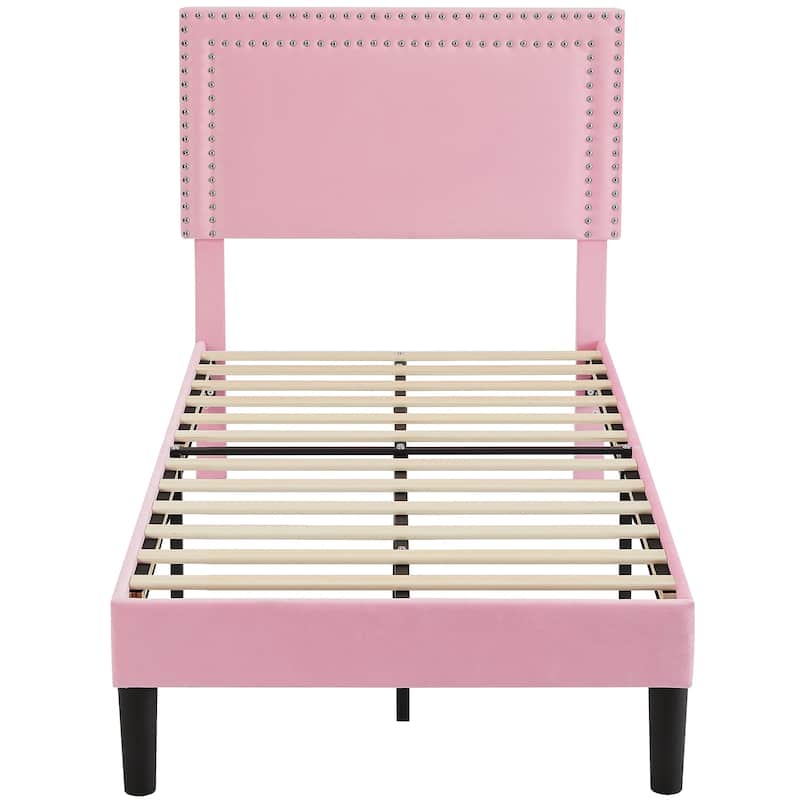 VECELO Twin Size Kids Beds Set of 2 Adjustable Headboard Soft Upholstered Headboard with Rivet Detail 8" Underbed Storage