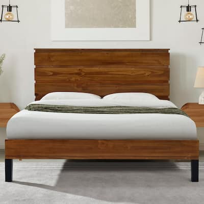 Mid-Century Modern Solid Wood Platform Bed with Six-Piece Headboard Design