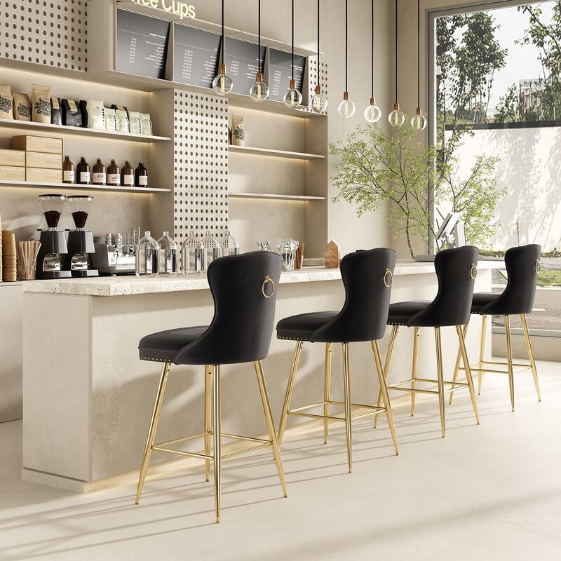 Bar Stools Set of 2, Velvet Counter Height Bar Stools with Metal Legs, Button Tufted and Nailheads Trim