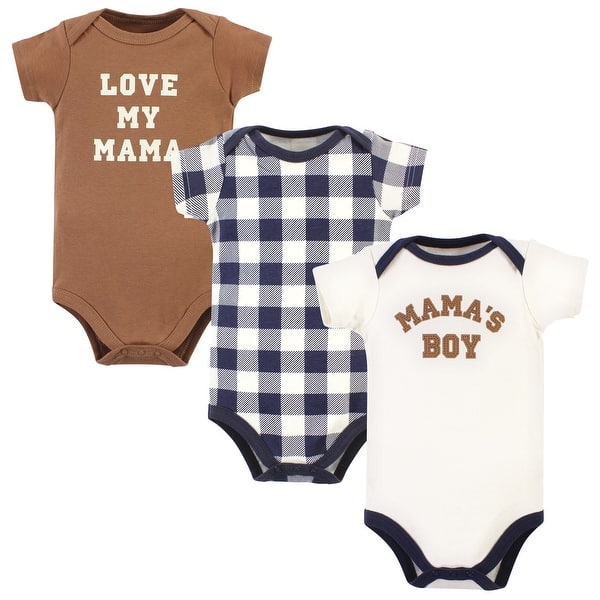 slide 1 of 1, Hudson Baby Infant Boy Cotton Bodysuits, Brown Navy Mamas Boy 3-Pack 9-12 Months - Brown Navy Mamas Boy 3-Pack