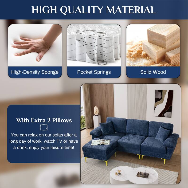 Ouyessir 2-Pieces Upholstered Velvet Sectional Sofa with 2 Pillows & Ottoman