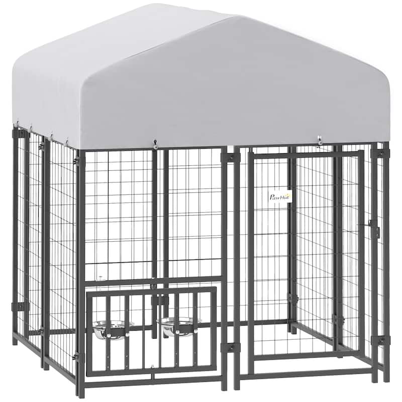 PawHut Outdoor Dog Kennel, Dog Run Welded Wire Heavy Duty with Rotatable & Height Adjustable Bowls, Dog Kennel Outside - N/A - Light grey