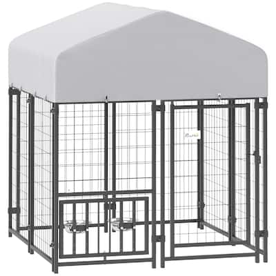 PawHut Outdoor Dog Kennel, Dog Run Welded Wire Heavy Duty with Rotatable & Height Adjustable Bowls, Dog Kennel Outside - N/A