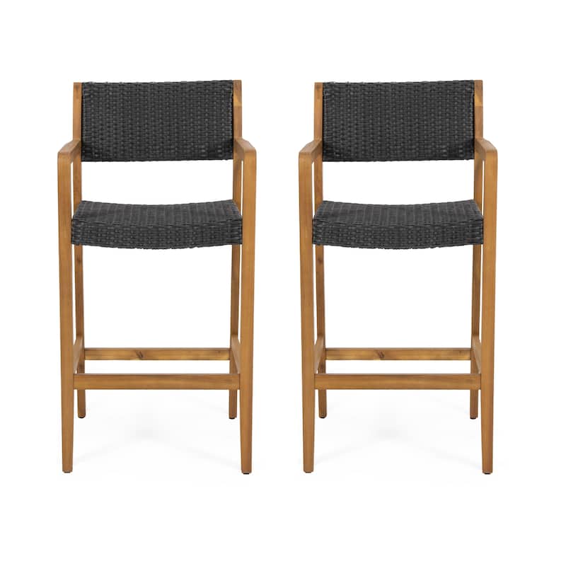 Roomfitters 2-Piece Outdoor Wood Bar Stools, Woven Wicker Patio High Dining Chairs with Armrests and Footrest, Black