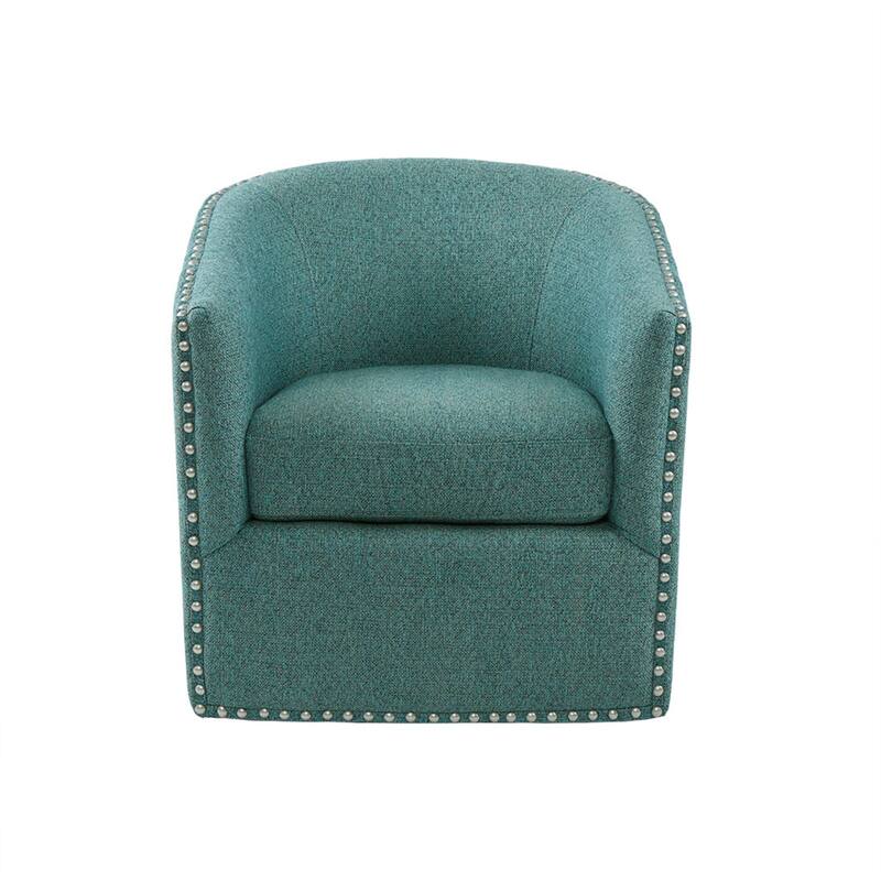 Roomfitters Swivel Accent Chair, Upholstered Barrel Armchair with 360 Degree Metal Base and Nailhead Trim