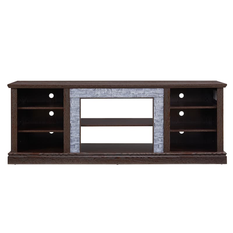 Modern Faux Stacked Stone Surround TV Stand, Desk Storage Rack with Open Storage and Adjustable Shelves, for Living Room