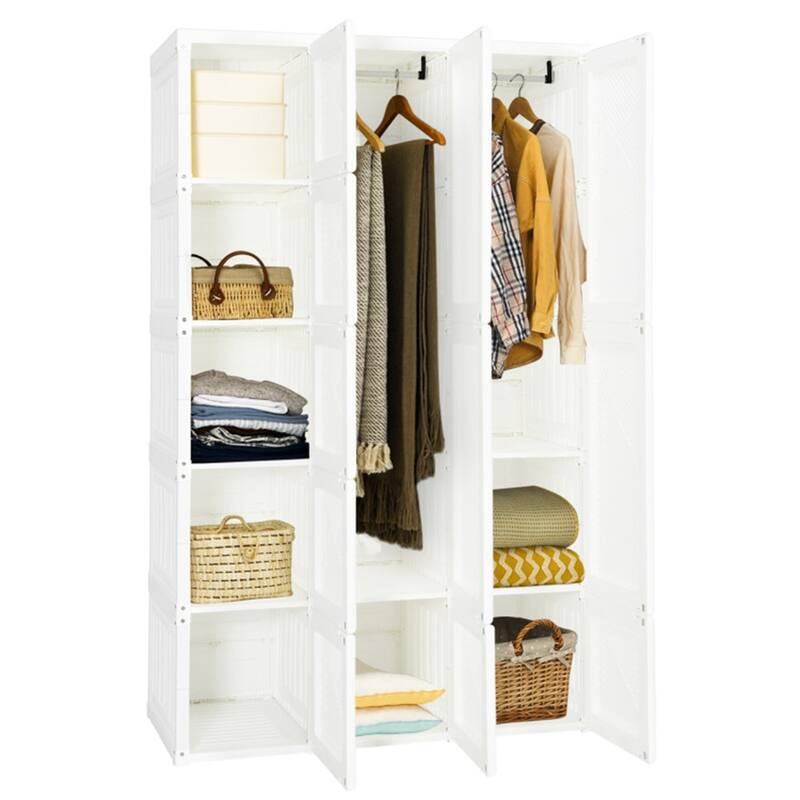White PP and ABS Foldable Portable Closet with 10 Cubbies, Rods and Magnet Doors - 40.9" x 19.7" x 66.9" (L x W x H)