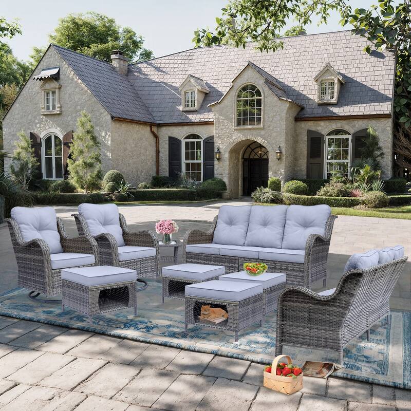 9 Piece Outdoor Wicker Patio Conversation Swivel Chairs Furniture Sets