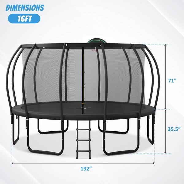 16FT Trampoline for Kids with Upgraded ArcPole and Composite TopLoop for Safety Enclosure, Plus Basketball Board and 12 Ground S