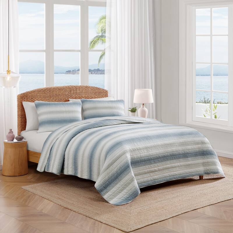 Tommy Bahama Prima Island Stripe Blue Cotton Reversible Quilt Set