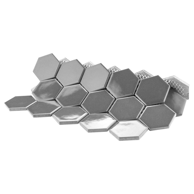 Merola Tile Metro 2" Hex Glossy Grey 11-1/8" x 12-5/8" Porcelain Floor and Wall Tile