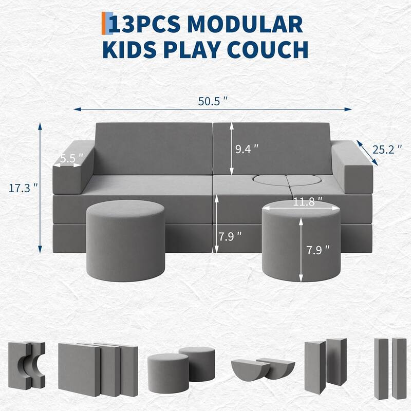 Kids Modular Play Couch, 13 Pcs Toddler Couch With Washable Velvet Covers