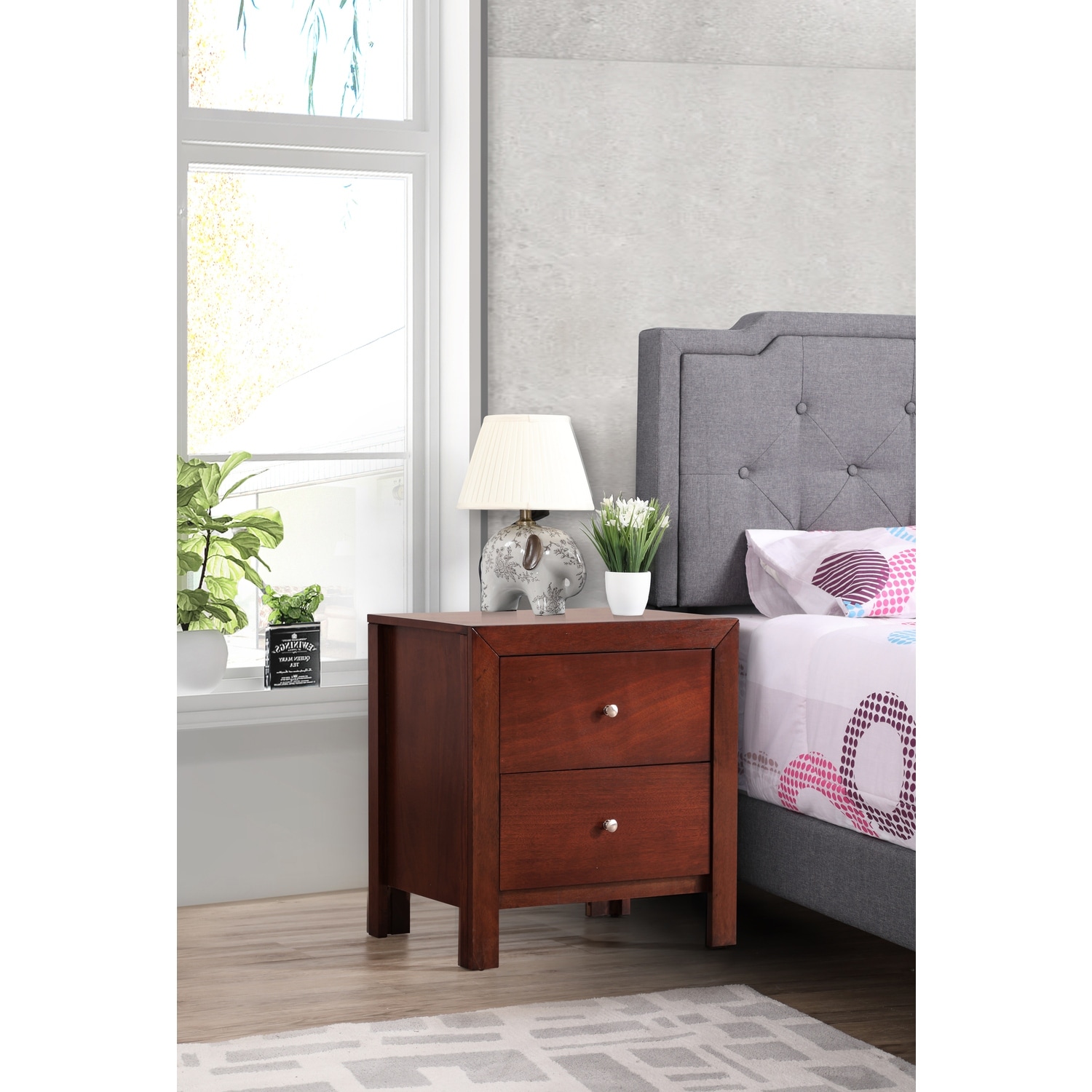 Cherry Nightstand 25x22x17 with Two Drawers, Compact Bedside Table for Bedroom Storage and Warm Stylish Finish Accent