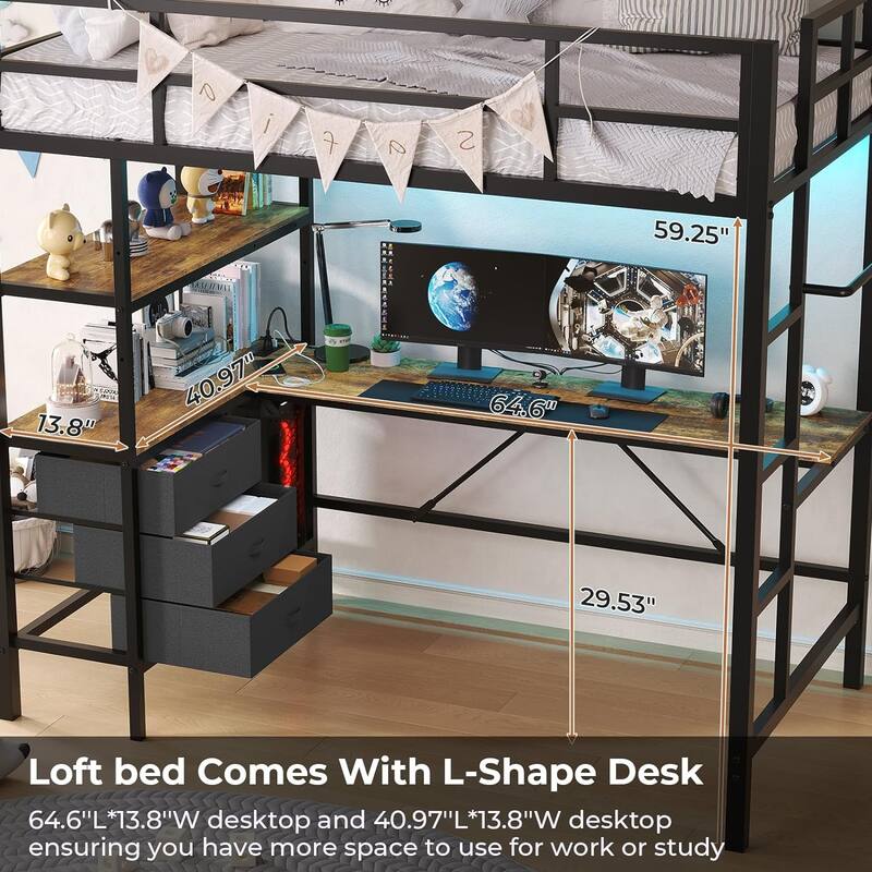 Loft Bed with L-Shaped Desk Charging Station Metal LED Lights 3 Fabric Drawers