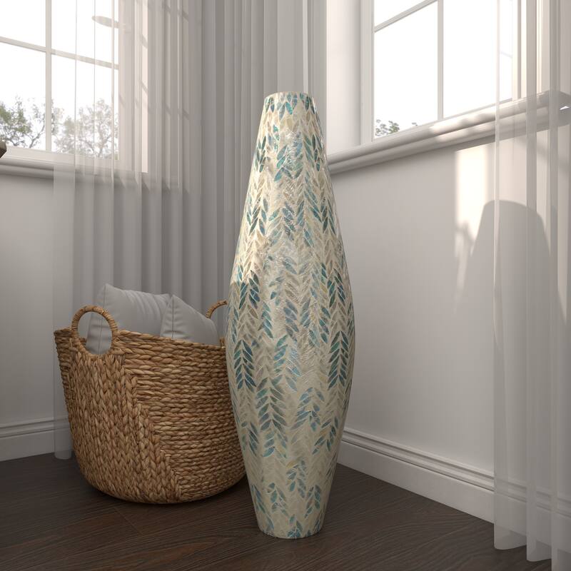 Cream Mother of Pearl Shell Handmade Tall Mosaic Decorative Vase with Blue Accents