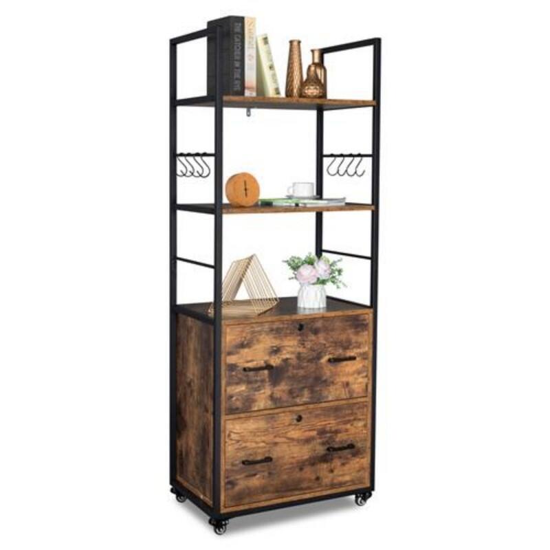 File Cabinet with 2 Drawer and 2 Shelves for Letter&Legal File - Brown