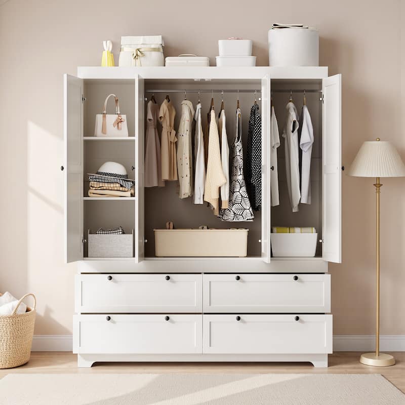 Pocassy 71" H Wardrobe Closet with Drawers with Doors and Storage - White-4 Doors with 4 Drawers