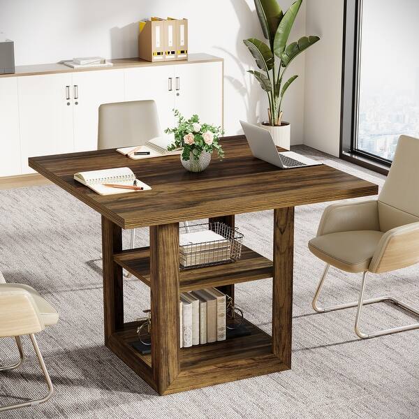 Small Square Conference Table Square Conference Table with 2-tier Storage Shelf for Small Spaces ...