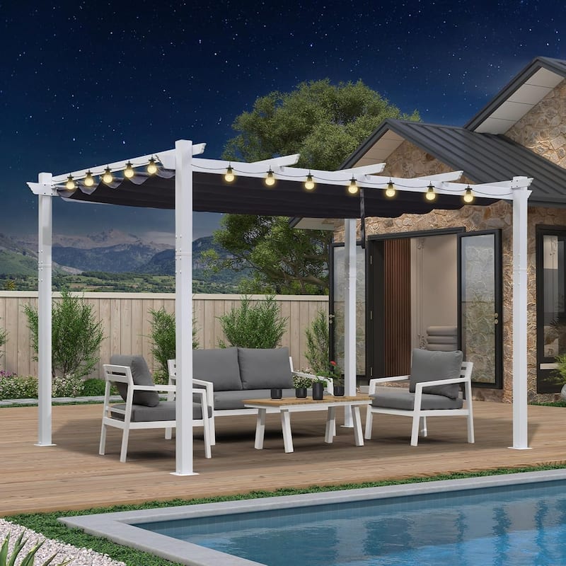 PURPLE LEAF Gazebo White Aluminium Outdoor Retractable Pergola with Canopy Cover