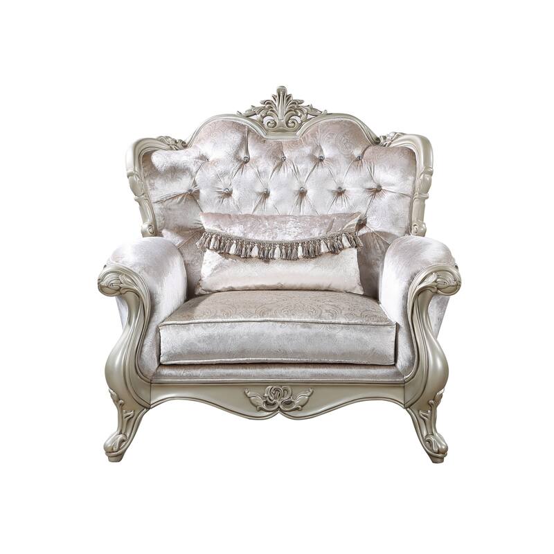 Kerra Accent Chair with Classic Gold Ornate Carvings, Beige Velveteen
