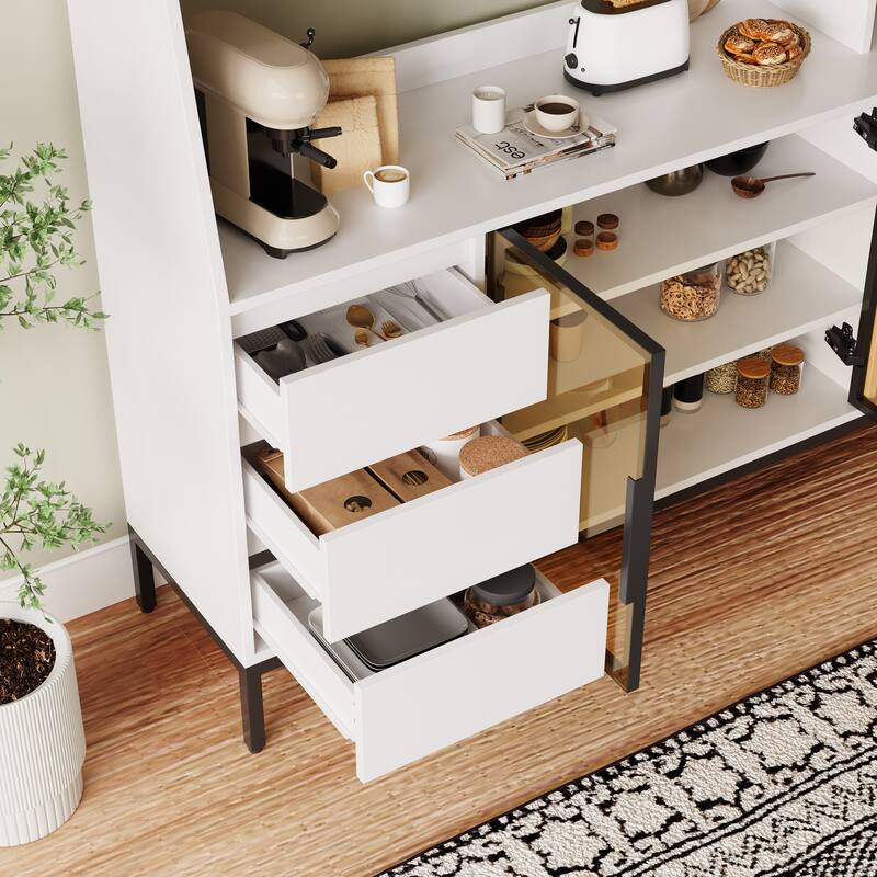 Modern Sideboard With 3 Drawers And Glass Door Locker, Side Cabinet Can Store Wine Glasses