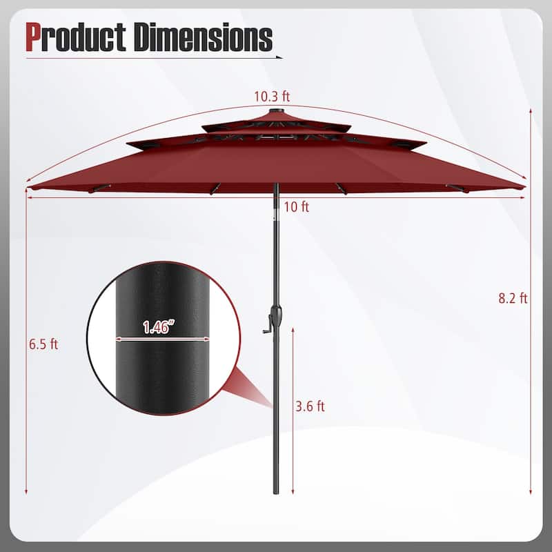 Gymax 10 FT Solar Patio Umbrella w/ 32 LED Lights 3-Tier Vented Top