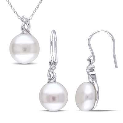 Miadora Cultured Freshwater Pearl 1/10ct TW Diamond Jewelry Set Sterling Silver
