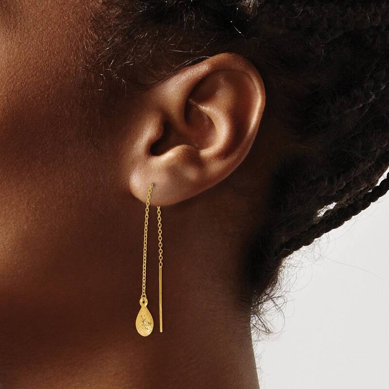 Curata 14k Yellow Gold Polished and Textured Tear Drop Threader Earrings 94x6mm