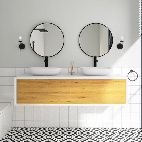 Wall Mounted Bathroom Vanity Set with White Solid Surface Top and Vessel Sink