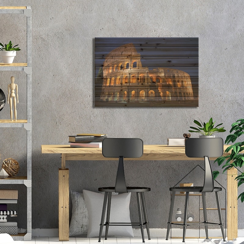 Italy, Rome, Colosseum. Night scene at landmark. Print On Wood by Jaynes Gallery - Multi-Color