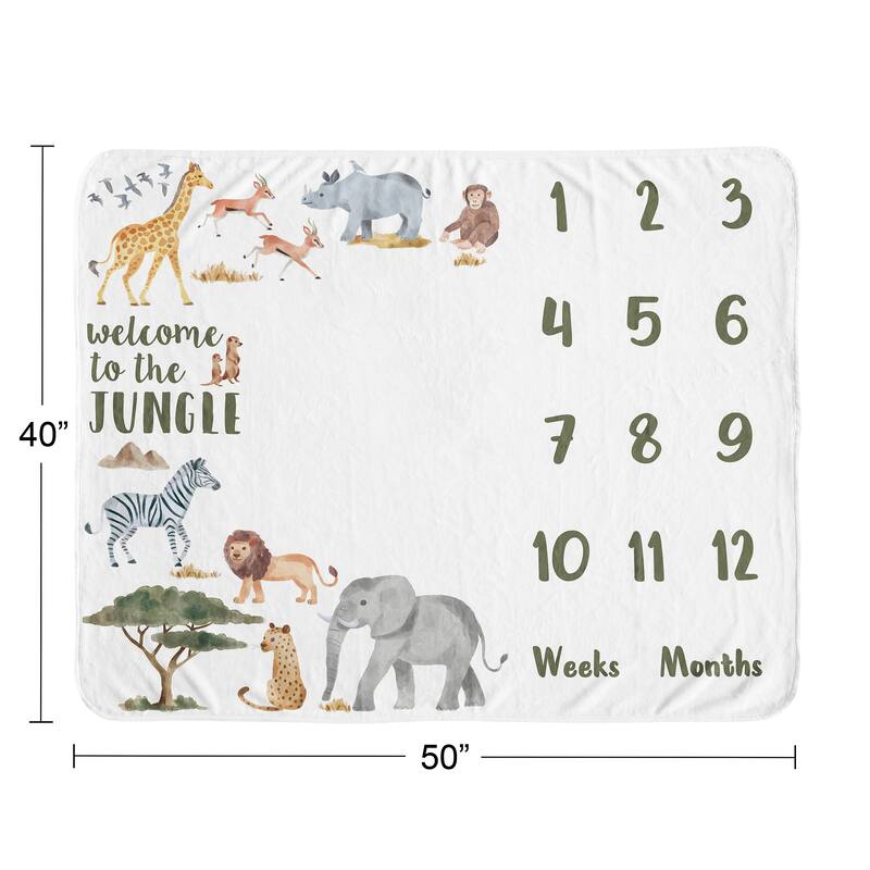 Jungle Animals Baby Monthly Milestone Blanket Hunter Green Black and White Safari Elephant Giraffe Lion Monkey Leopard Cheetah