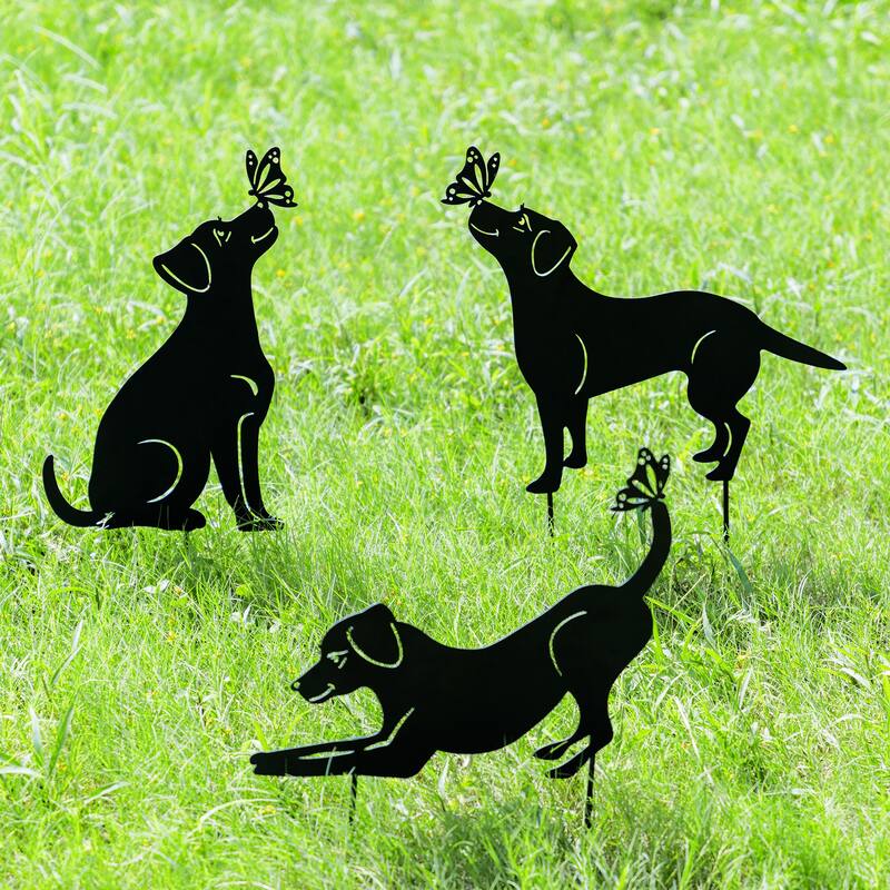 Glitzhome 2-in-1 Black Metal Cat Rabbit Duck Dog Silhouette Yard Stakes Wall Decor (Set of 3)