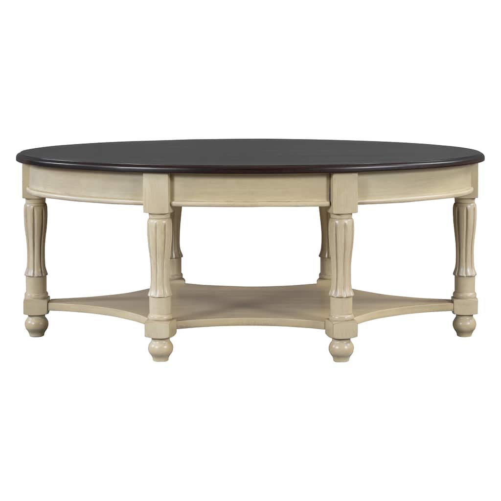 French Country Style Coffee Table Vintage Oval Coffee Table with Drawers and Storage Shelves, for Living Room