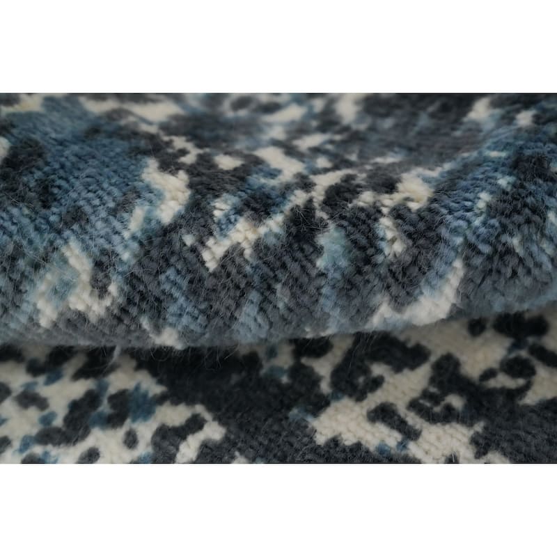 Hand Knotted Oriental Viscose Silk Carpet Modern All-Over Navy Blue & Blues Abstract Area Rug - 3' 9'' X 2' 1''