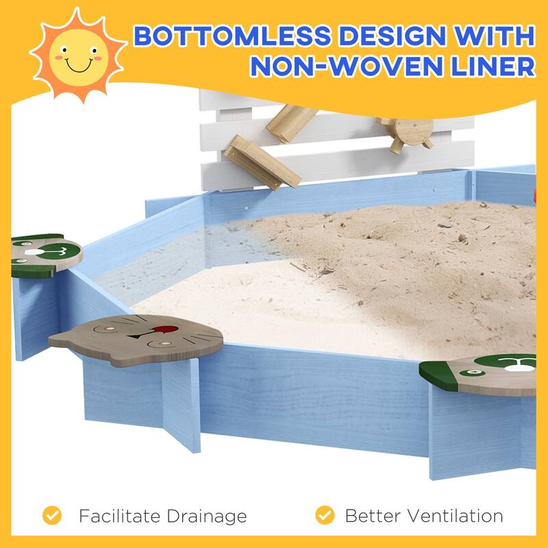 Large Blue Kids Sandbox with Seats Buckets and Play Accessories for Ages 3 to 7 Years - 85" L x 85" W x 24.75" H