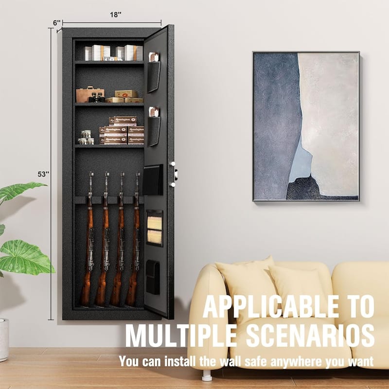 53" Assembled In Wall Hidden Gun Safe Cabinet with 3 Removable Shelves and 1 Adjustable Rack
