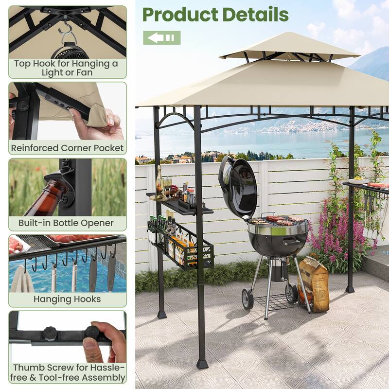 Gymax 8 x 5 FT BBQ Grill Gazebo w/ 2 Side Shelves Storage Basket