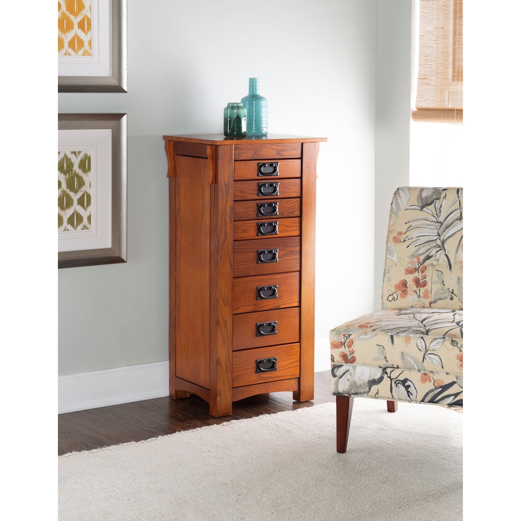 Linon Delaney Brown Mission Oak 8-Drawer Jewelry Armoire with Mirror