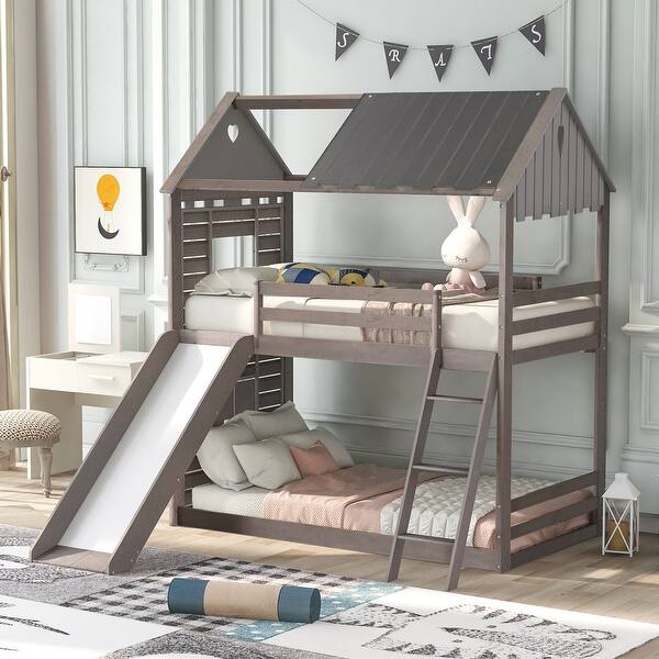 slide 2 of 9, Antique Gray Twin Over Twin Solid Pine Bunk Bed with Pitched Roof, Sweetheart Window, Slide, Ladder Antique Gray