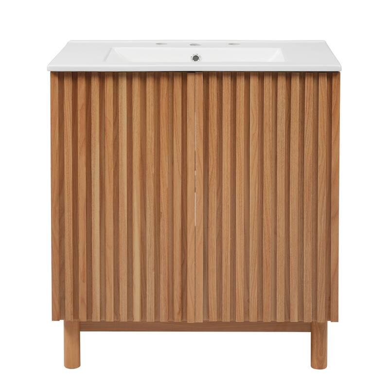 GDFStudio - Eleanor Traditional Wood Grain Bathroom Vanity with U-Shaped Adjustable Shelf, Ceramic Sink & Soft-Close Doors