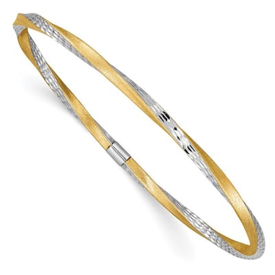Curata 14k Two Tone Gold 8" 3mm Satin Diamond Cut Twist Slip-on Bangle Bracelet