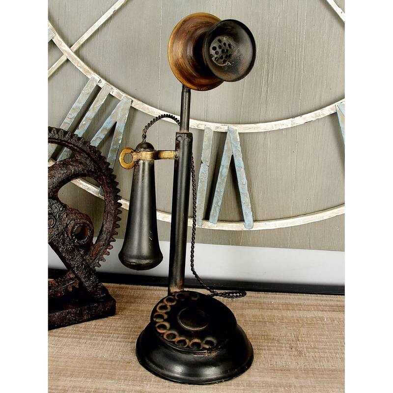 Black Metal Decorative Vintage Style Telephone Decorative Sculpture with Tiered Base and Coil Wire Detailing