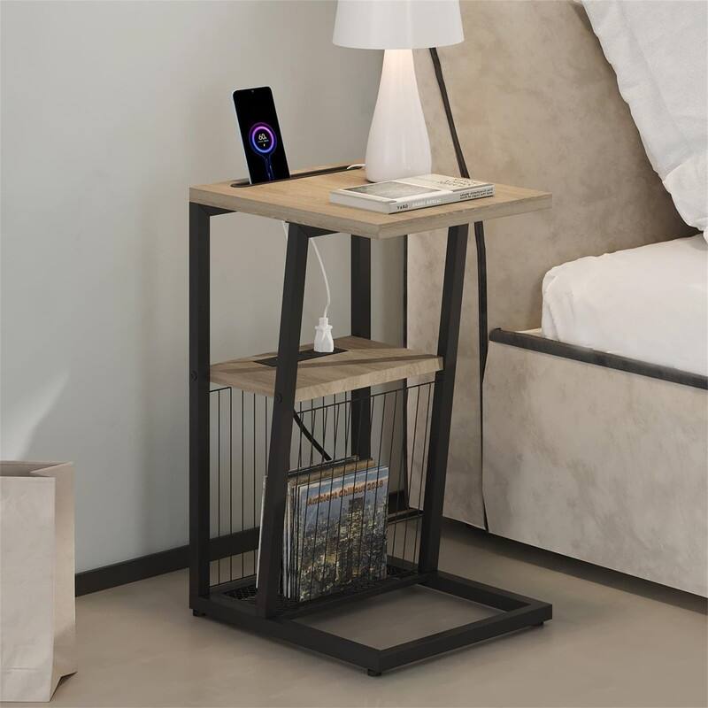 C Shaped Nightstand End Table - 11.8"D x 15.7"W x 24.02"H - Greige and Black