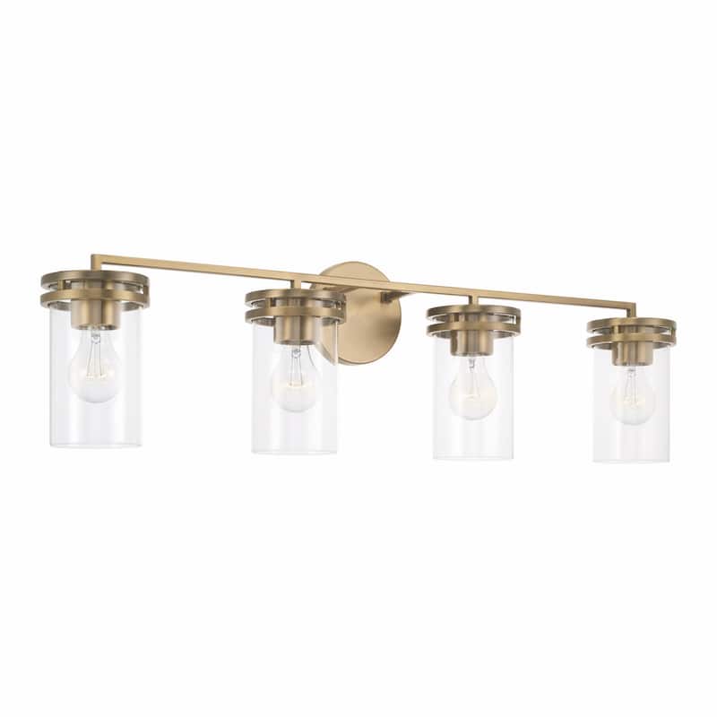 Fuller 4-light Bath/ Vanity Fixture w/ Clear Glass - Aged Brass