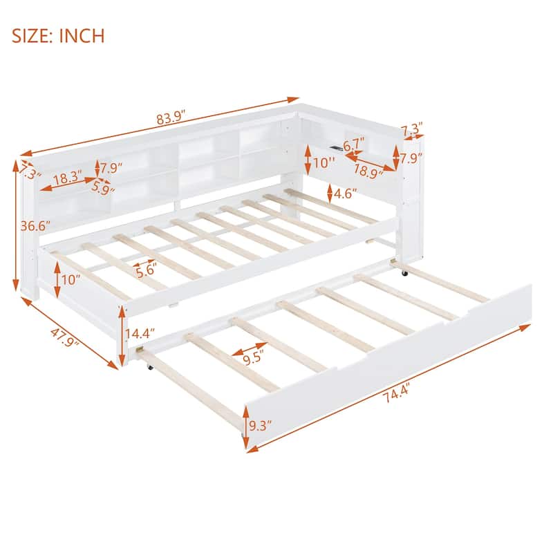 Wooden DayBed Sofa Bed Frame with L-Shape Storage Headboard, Platform Bed Pull-out Trundle Bed, USB Charging Ports