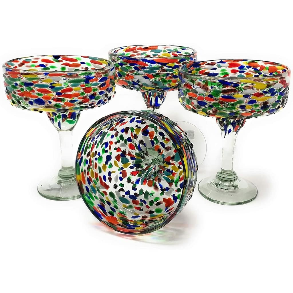 Dos Sueños Mexican Hand Blown Glass - Set of 4 Hand Blown Margarita Glasses Confetti Rock (16 oz)