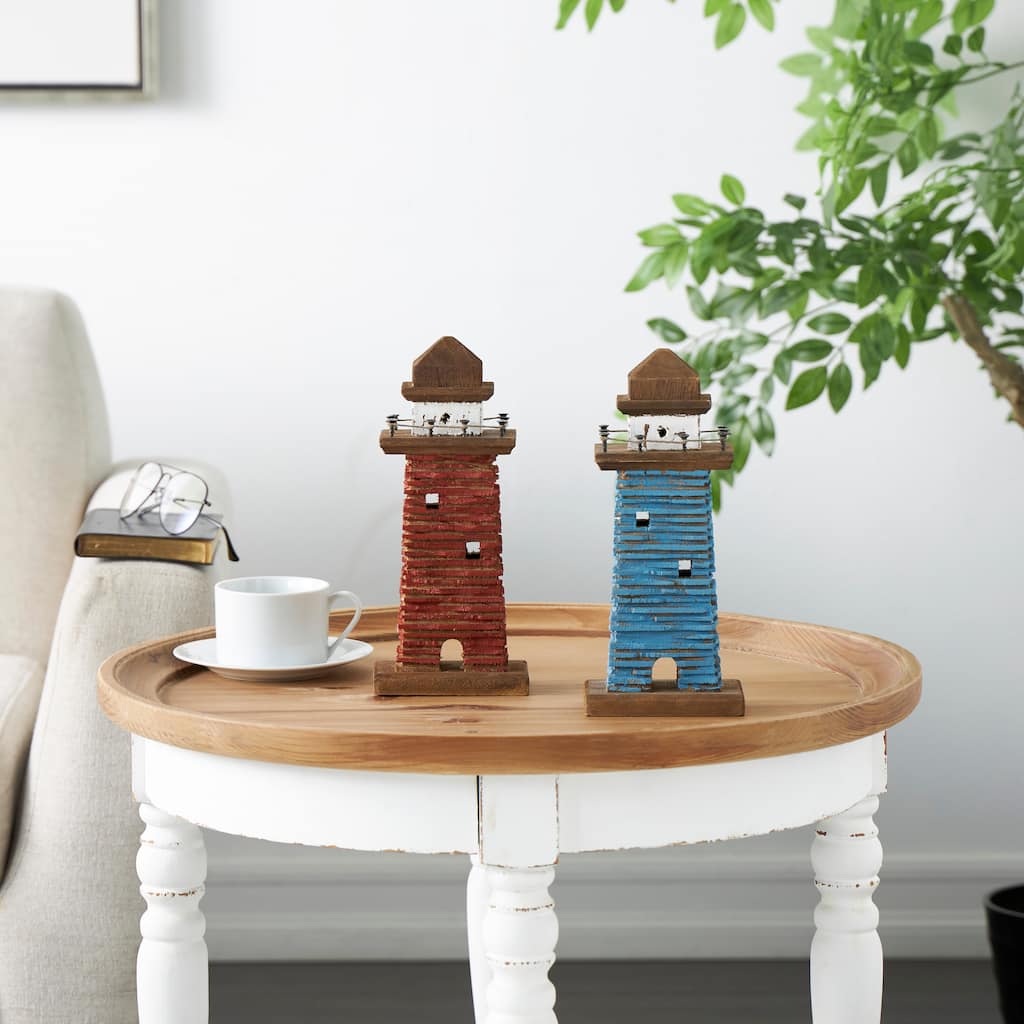 Red Wood Distressed Light House Decorative Sculpture with Blue and Brown Accents (Set of 2)