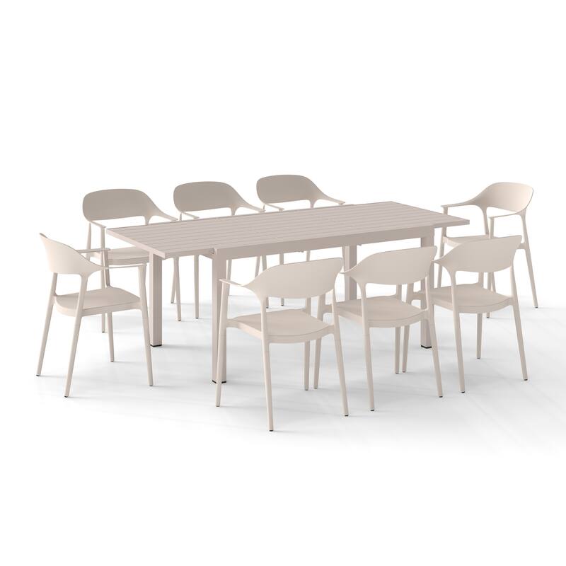 Outdoor Dining Set 9-Piece Stackable Plastic Lightweight Curved Backrest Armchair and Extendable Dining Table